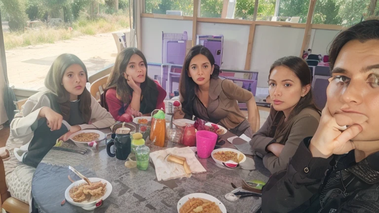 5 girls in a reunion party  sitting in a table some are drinking juice some are seeing their phone summer waiting there in tops long tops with pant cartoon anime