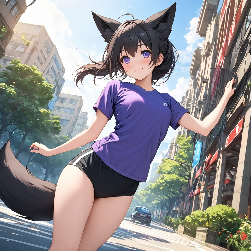 ((pink eyes)), 1girl, perfect face, perfect eyes, detailed hair, outfit perfect, perfect body, perfect anatomy, perfect chest, perfect hips, perfect legs, perfect hands, shiny skin, looking at the viewer, ((purple croptop hoodie hanging off the shoulders)), ((short black hair)), ((fox girl)), ((purple fox ears)), ((luscious black fox tail)), ((blushing)), small , ((full body)), pink skirt, ((tiny waist)), ((curvy butt))