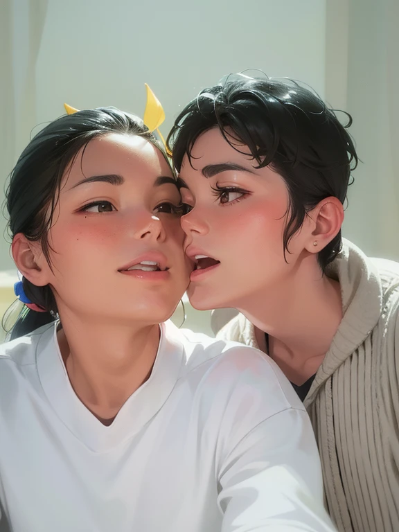 2heads, tall skinny woman with 2 heads. Inside in a bedroom. Wearing beanie hat. Frizzy black hair. Gorgeous cute young face. Tiny nose. Adorable. ???????, licking ?????, POV ???????, stroking viewer's penis.