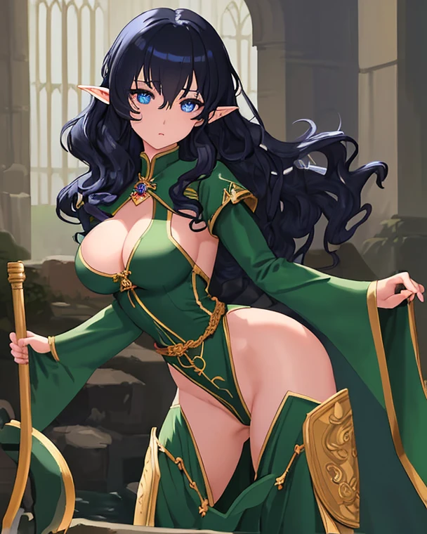 pointy ears, 1girl, breasts, hair over one eye, large breasts, yellow eyes, dress, cape, solo, cleavage, smile, elf, looking at viewer, hair ornament, pelvic curtain, covered navel, black hair, long hair, black dress, window, cloak, thighhighs, indoors, flower Beautiful anime goddess with long green hair, wearing a short dress, breasts, anime key look, moon, large breasts, intricate, hips, highly detailed, wide hips, breathtaking beauty, vibrant and sharp focus, illustration
