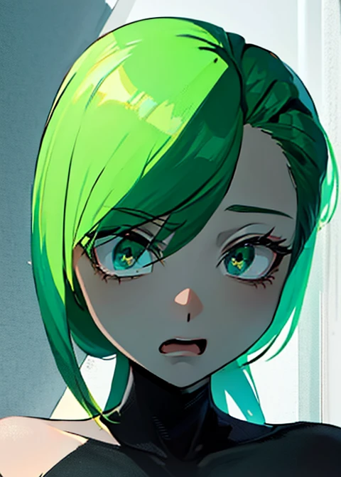 (beste-Qualit, 8K, 12), 1 girl, tatsumaki, Short Hair Hair, green hair, giant breast, the perfect body, ultra detail face, detailed lips, Slender Eyes, black dress, standingn, enticing, Excited, convex areolas, in heat, Milf, steam, Sex, trembling, , Looking Up, From directly above, ahegao, sperm on face, Wet