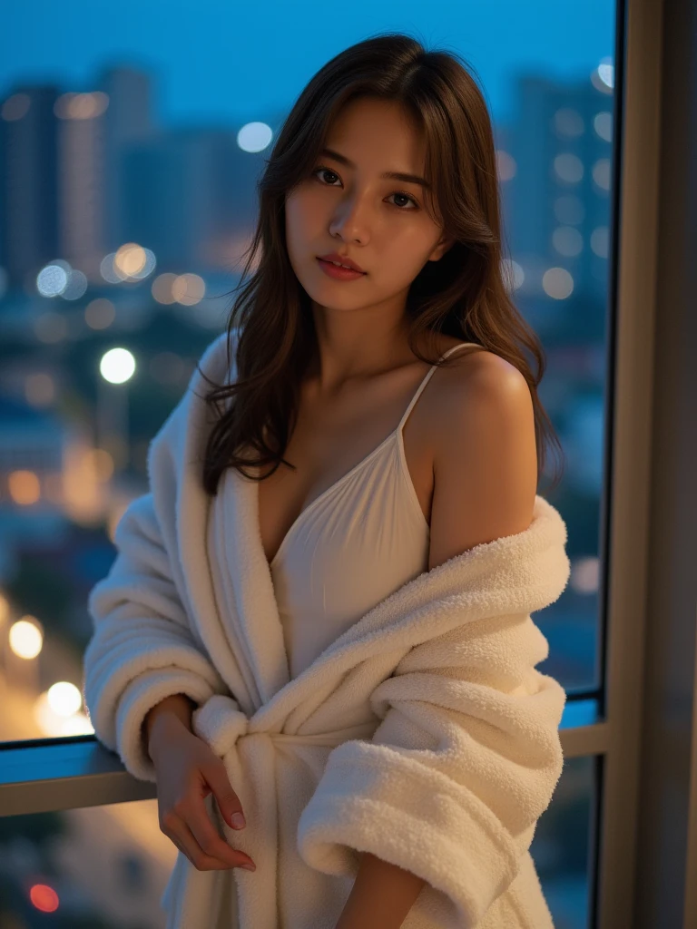 ((best quality)), ((masterpiece)), (detailed), 1girl, sexly,Red underwear、White bathrobe、Large windows、Night view of skyscrapers