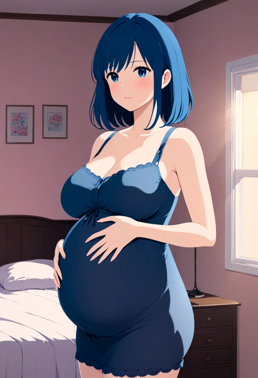 Pregnant woman with dark blue hair, 1981 style dress