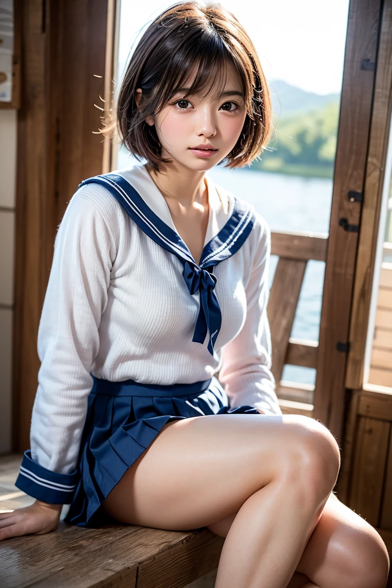 超highest quality、masterpiece、超High resolution、written boundary depth、(Photoreal:1.4)、(award winning photos、信じられないほどのmasterpiece:1.3) 、RAW photography、golden ratio、Highly detailed CG Unity 8K wallpaper、detailed and complex、original、High resolution、RAW photo、(perfect body shape)、detailed and complex、Digital single-lens reflex camera、soft writing、(background person blur:1.1)、Sigma 85mmF/1.4、50mm Lenac lighting、nffsw、hyper real、color grade, open your legs, japanese girl , 18-year-old,  (smile:0.7),  (((lift up your skirt、Pull up your skirt yourself))), sailor suit, long sleeve, white panties, camel toe, にやにやのsmile, very short hair , (high color saturation:1.0),  (highly detailed skin), (highest quality:1.0), (超High resolution:1.0) ,(realistic:1.0), (Super detailed:1.0), (8K, RAW photo:1.1)