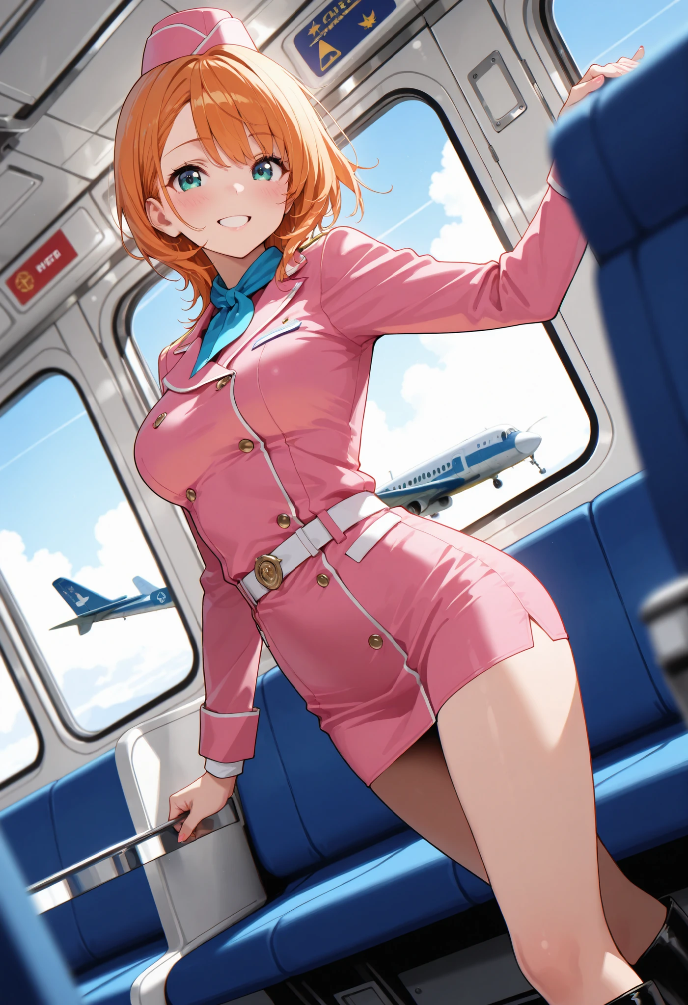 masterpiece,best quality,ultra detailed,8K,super fine illustration,highly detailed beautiful face and eyes,perfect anatomy,professional lighting,1 flight attendant,microskirt and boots uniform,orange and pink dress,smile,airplane interior,dynamic angle,depth of field,chromatic_aberration,masterpiece,best quality,very aesthetic,absurdres,newest,
