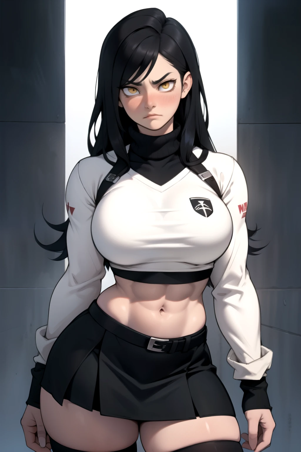 very long hair huge muscles big breasts thick long sleeve t midriff navel abs rib cage black hair yellow eyes pale skin frown blush empty eyes short plated skirt thigh highs turtleneck
