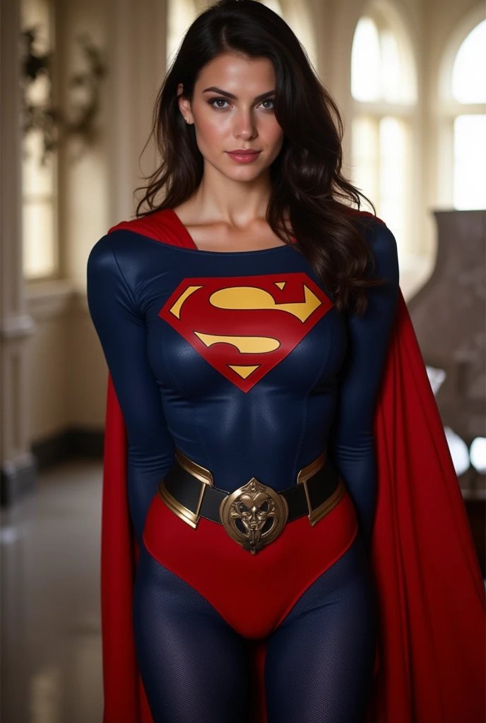 ((best quality)), ((masterpiece)), (detailed), perfect face, 1girl, cute, use supergirl wear, sexy, open half breast, cluster, shiny, all body view, good booty, smile