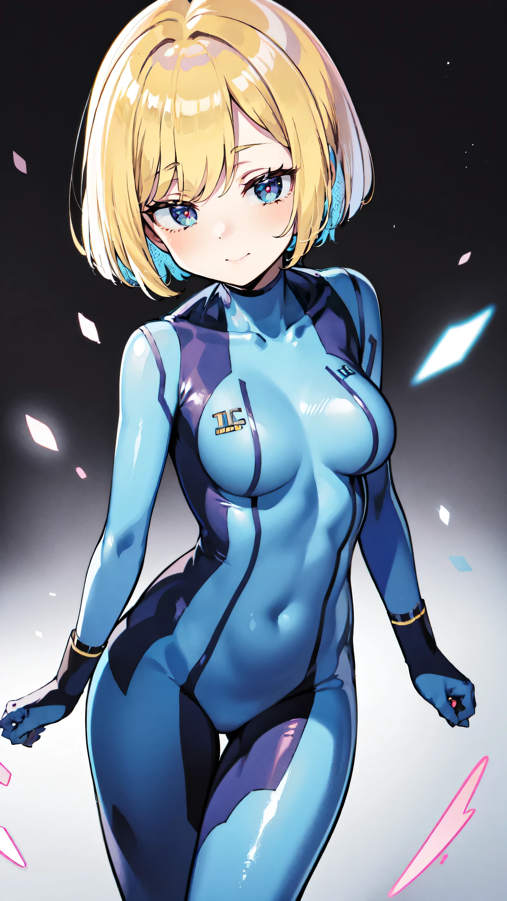 1girl, large breasts, thick thighs, toned, teenage, toned female, blue eyes, blue bodysuit, bodysuit, futurustic, science-fiction, neon trim, neon, neon lights, blonde hair, very short hair, pixie cut, tomboy, salute, standing, smile, smirk, smug, cameltoe, tomboy, belt, ((standing))