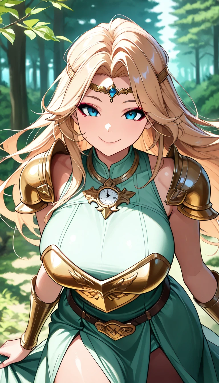 masterpiece、top-quality、ighly detailed、hight resolution、16k、fullnude、Boob proportions 、golden armour、Very transparent white skirt、Full body like、Very white skin、Beautiful fingers、Anime girl with very big breasts posing naked、Perfect Style、elvish、no-bra、Blonde blue-eyed、A smile、An elf girl