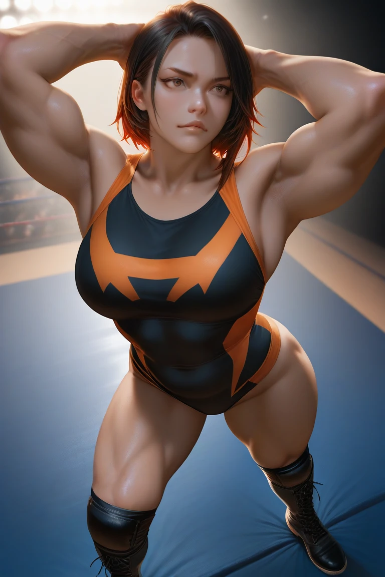 serious look sad empty eyes collant gymnast thick thick thick large breasts muscular girl