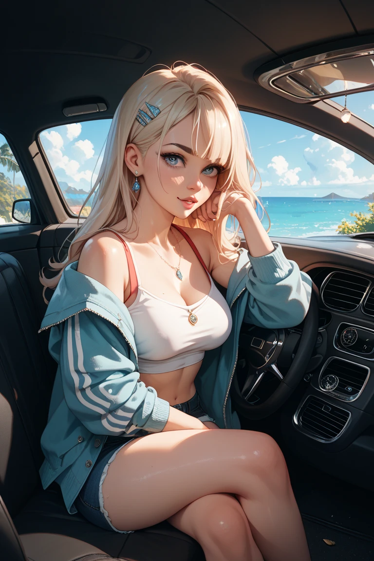 (masterpiece:1.5, Highest quality, Very detailed、 Dutch Angle、Realistic、2.5D、Realistic)(One Girl, alone)(Silver Hair:1.6,,Straight Long Hair)(Sports Bra、Jacket:1.5、Shorts、tightedium breasts, Beautiful cleavage,underboob))(from side),(Beautiful starry sky、Mystical Night、Particles of light float around the woman、Fantastic space、luxury passenger ship)
