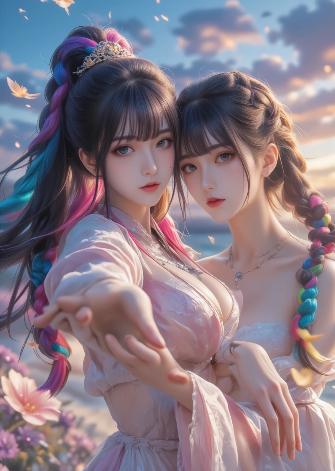 (Best Quality), ((Masterpiece), (Details: 1.4), 3D, HDR (High Dynamic Range), Ray Tracing, NVIDIA RTX, Super Resolution, Unreal 5, Subsurface Scattering, PBR Textures, Post Processing, Anisotropic Filtering, Depth of Field, Maximum Acutance and Acutance, Multilayer Textures, Albedo and Highlight Maps, Surface Shading, Accurate Simulation of Light-Material Interactions, Perfect Proportions, Octane Rendering, Bicolor Light, Large Aperture, Low ISO, White Balance, Rule of Thirds, 8K RAW, Pink puffiness, NSFW, (Emma Watson, (Char Emma Watson: 0.2)), (2 girls touching each other's breasts), (crowd watching), hands touching breasts, kneeling, sideways, exposed, seductive, sexy, poor, movies, tears, teardrops, (torn clothes: 1.9), (transparent wet clothes: 1.8), (see-through parts: 1.8), charming leg seduction, drooling, bare shoulders, real rain, wet hair,.. Wet transparent pajamas, wet torn panties, breasts coming out, sweaty skin, blushing, (cum in face:1.4), (cum in tits:1.8), (cum in ass:1.4), (on stage), (he's wet), (panties half off)