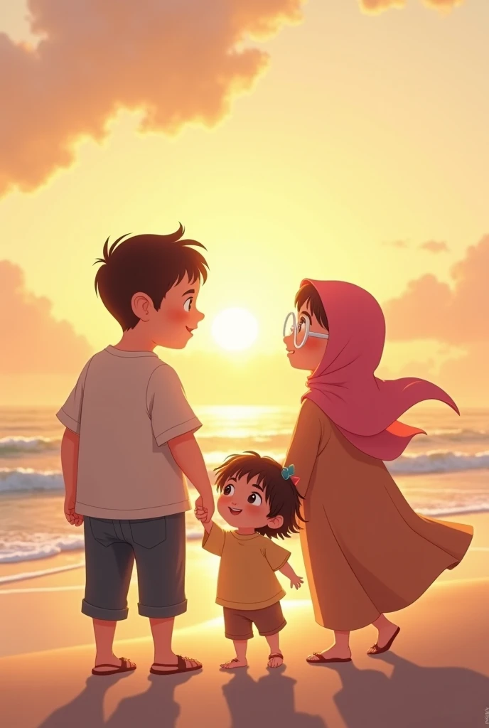A young man with Bukhari written on his shirt is trying to appease his girlfriend who is sitting on her blanket. "Zainab" She is angry with him and he carries their beautiful who resembles them and her name is "Decorations" He is a civil engineer and she is an architect, they stand by the sea