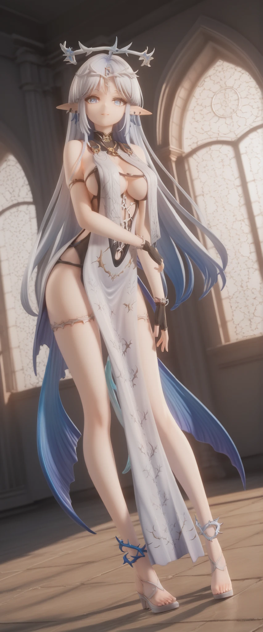 Fullbody, head to toe, score_9, score_8_up, score_7_up, source_anime, highly detailed figure,ohwx, 1girl, solo, white hair, breasts, blue eyes, hair_ornament, large_breasts, long_hair, elf ponty ears, jewelry, earrings, ribbon, long white blue hair, ahoge, big_breasts, long legs, multicolored_hair, very_long_hair, blue purpleish eyes, parted_lips, hair_ribbon,bare_shoulders, gloves, sleeveless, black_gloves, sideboob, fingerless_gloves, thighhighs, cleavage, dress, white dress, black_thighhighs, thigh_strap, cute dress, bandages,standing upright, leaning forward, looking at viewer, light smile, closed mouth, shiny skin, tight clothes, window boob dress, sunlight, castle background, short pelvic curtain dress, front angle, close-up, Cartethyia, Fleurdelys Wuthering Waves, reference-sheet, halo of thorns, a long single unicorn horn in the middle of the head, Two long boob curtains, showing feet, long mermaid tail dress