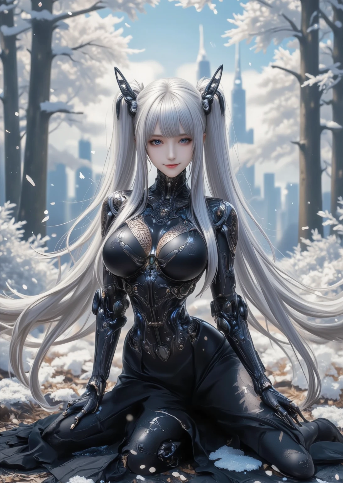 Highly detailed, best quality, masterpiece, official art, highres, absurdres, official art, detailed, cinematic, (mature female), grey braided, cat girl,two symmetrical catgirl ears on head, catgirl tail, detailed face, detailed eyes, medium breasts, big hips, big thighs, armored boots, black bodysuit,holding a single laser gun,detailed lips, detailed victorian era city in background