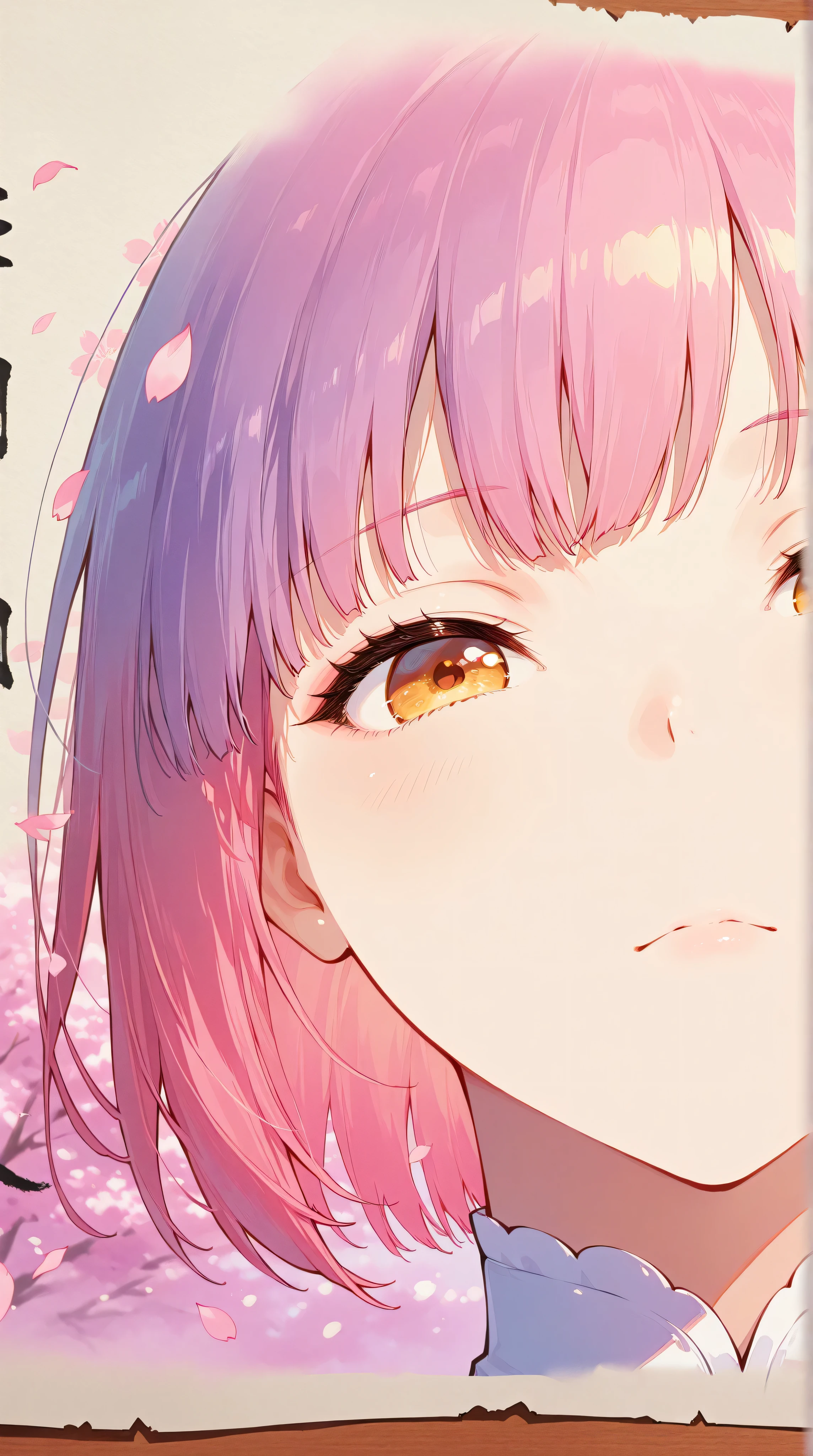 Ink Painting、Old paper texture、Damaged Paper、Old style、Faded colors、Close-up of face、A painting in which only the courtesan's eyes are visible as cherry blossoms fall across the entire screen、Blurred Painting