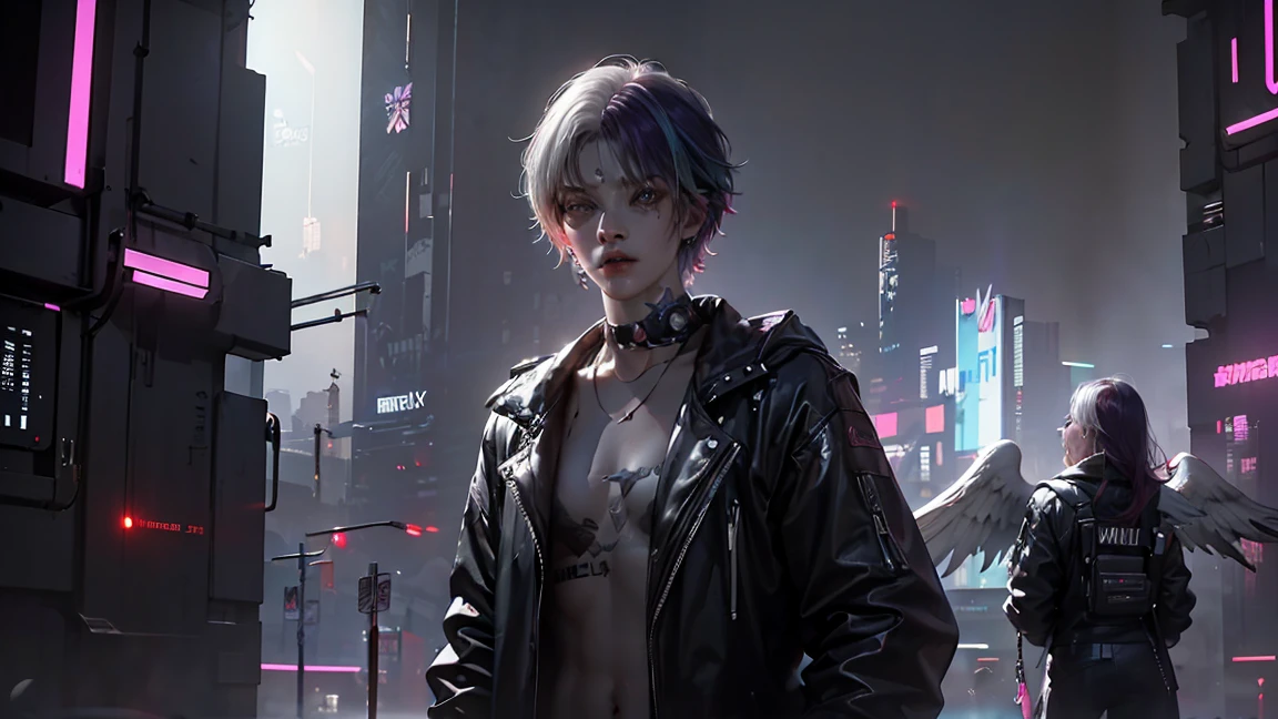 chromatic aberration, depth of field, soft lighting, masterpiece, best quality, intricate, tone mapped, highly detailed, art station, concept art, soft, sharp focus, dramatic lighting, highly detailed artwork, cinematic, hyper realistic painting, Artstation trend, 8K, amazing shadows, realistic (highly detailed background: 1.0), a very detailed portrait of a lonely girl standing in a corner, during a storm with lightning and a cloudy sky, neon and cyberpunk background. punk clothing with silver chains and silver spikes, has a butterfly wing shaped hairpin in his wild hair, has headphones and a tie, detailed glowing red eyes with distinct pupils, sinister aura Halo, smile, punk, cyberpunk, backlight