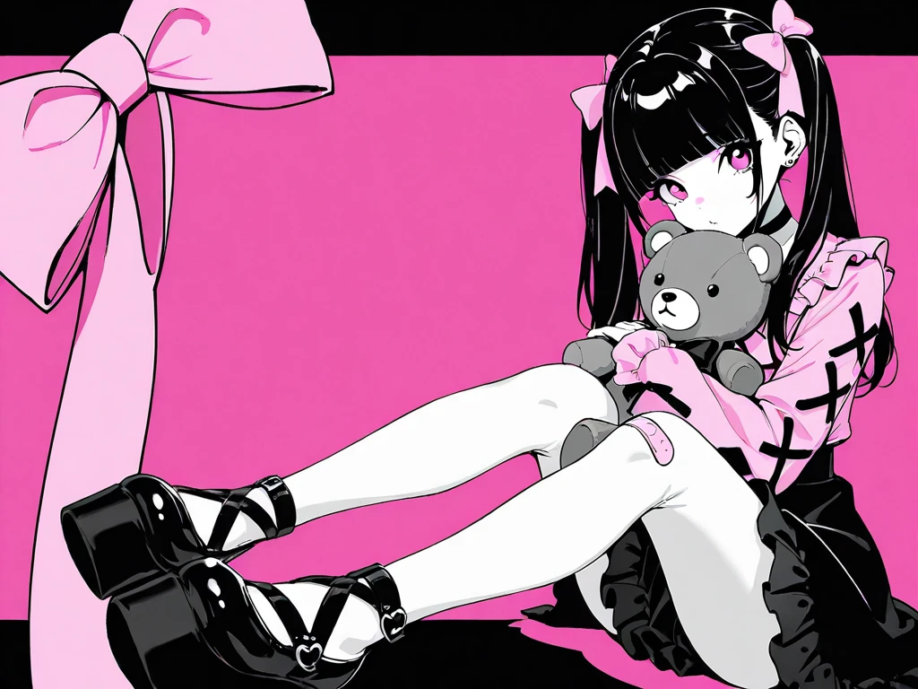 masterpiece, best quality, 1girl, solo, long_hair, looking_at_viewer, bangs, skirt, shirt, black_hair, long_sleeves, bow, ribbon, twintails, sitting, monochrome, hair_bow, heart, pantyhose, frills, food, shoes, choker, blunt_bangs, black_skirt, pink_eyes, symbol-shaped_pupils, halo, heart-shaped_pupils, stuffed_toy, pink_background, stuffed_animal, frilled_skirt, pink_bow, fishnets, candy, bandaid, pink_shirt, teddy_bear, lollipop, fishnet_pantyhose, platform_footwear, pink_theme, pill, jirai_kei, <lora:nou:1>