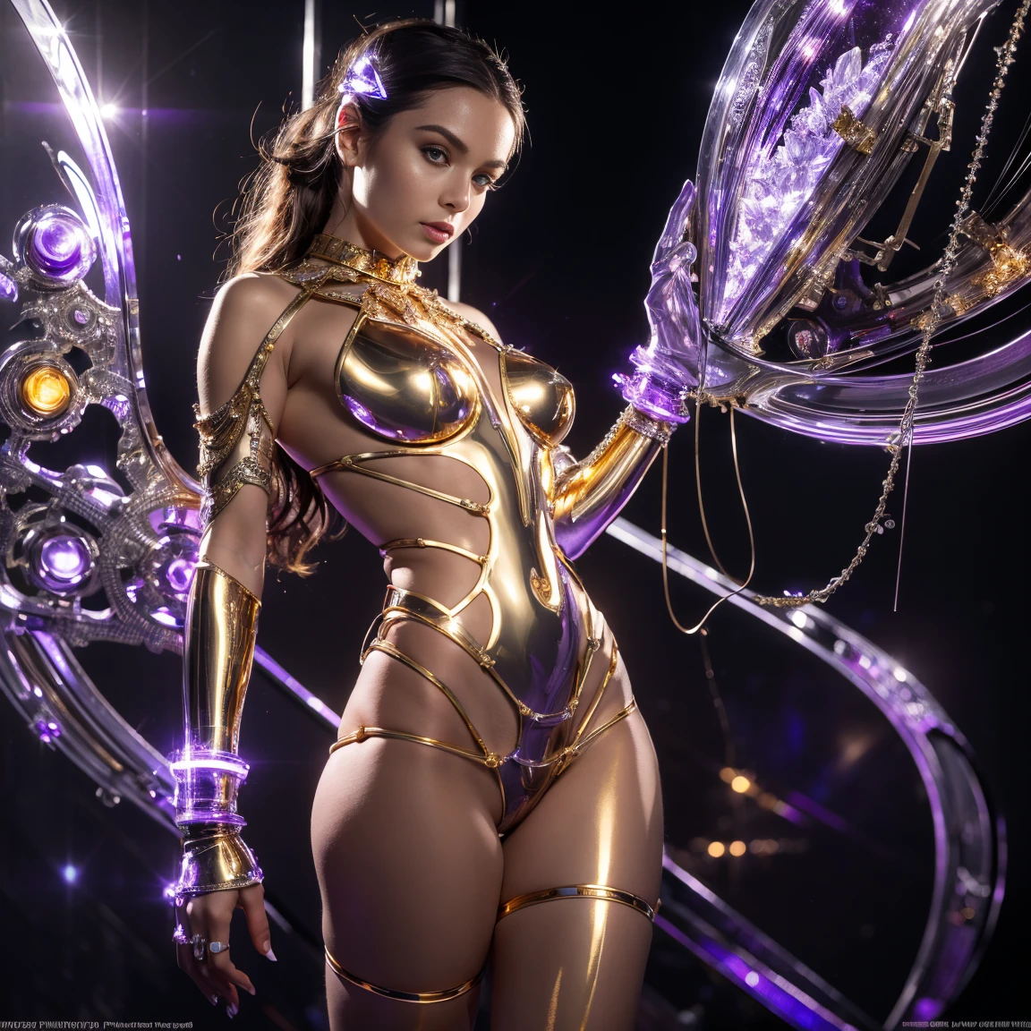Photo realistic imagery ((a complex 3 nude girls standing with a complex nude machine, Nude Goddess Diana, full body, golden heels in feet, nude body, perfect breasts, thin waist, round hips, Epic composition, golden Lights, photo, photography, transparent skin made of clear glass and crystal)), glowing transparent Nude body, embedded, ((golden mechanical gear parts in the body)) , inspired by Automata's elaborate design and luxurious Art Deco aesthetic, (dynamic pose), fractal art, (shiny skin), iridescent body, many lights in the body, electronic lights, (hands on their own Breasts), feet raised, ((transparent head)), transparent body, brilliant_eyes, camera: macro, lens: medium shot, using soft studio lighting (soft light: 1.8), futuristic background, mirror Reflection imagery and ultra-detailed 8K resolution rendering to capture fine details and reflective surfaces of clear glass, crystal and metal, 1 mechanical woman, ((ultra realistic details)), 8k, ultra sharp, intricate, portrait, illumination, metal, shadows, octane render, ornaments detailed, cold colors, egypician detail, highly intricate details, realistic light, trending on cg society, glowing eyes, facing camera, neon details, mechanical limbs, blood vessels connected to tubes, mechanical vertebra attaching to back, mechanical cervical attaching to neck, sitting, wires and cables connecting to head, low poly, isometric art, 3d art, high detail, artstation, concept art, behance, ray tracing, smooth, sharp focus, ethereal lighting.
