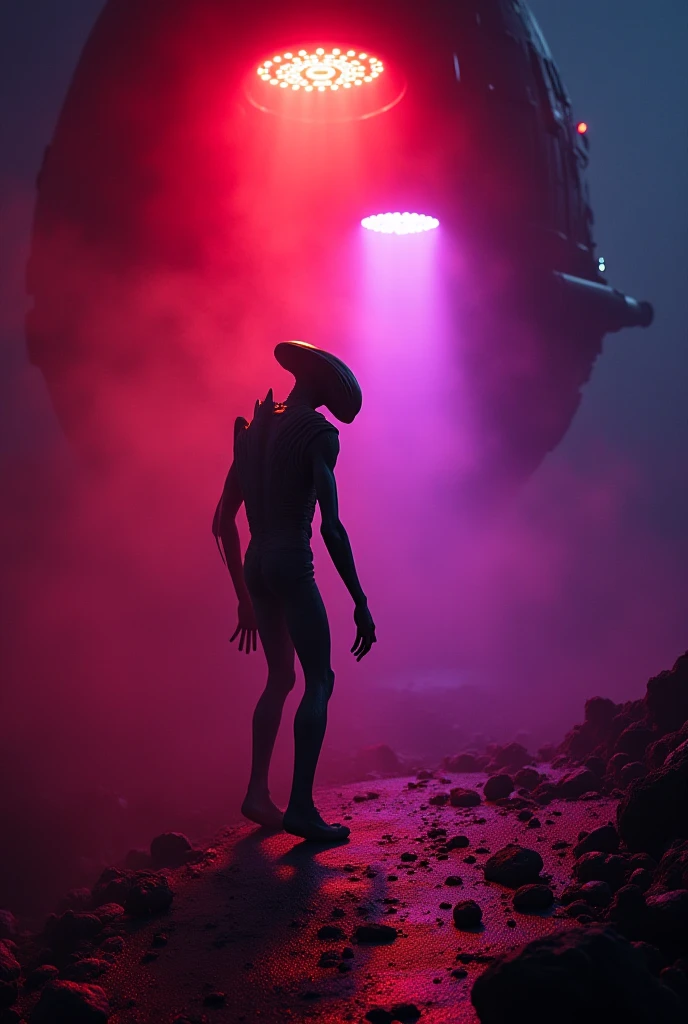 An ultra-realistic and highly detailed image of a movie poster for the ALIEN franchise. The poster is dark, featuring the silhouette of the Alien completely shrouded in mist inside a spaceship. The text "ALIEN" and other typical movie poster elements are prominently displayed. The scene is captured with a Sony A7R IV paired with a 24-70mm f/2.8 GM lens, ensuring stunning clarity and rich details. The lighting is dramatic and moody, with the Alien's silhouette and the mist creating a sense of tension and mystery. The aspect ratio is 9:16, emphasizing the vertical composition 