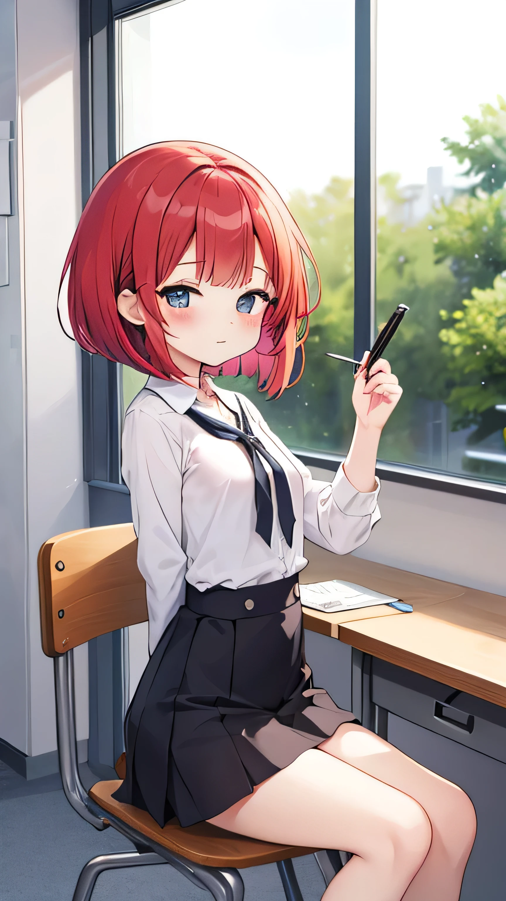 Red bob hair、sitting at a desk in the classroom、I'm wearing a cheek cane and looking out the window、has legs crossed、side angle、 zitoida、class with my pen crotch、I'm putting my chin on my hand with my elbow、skirt