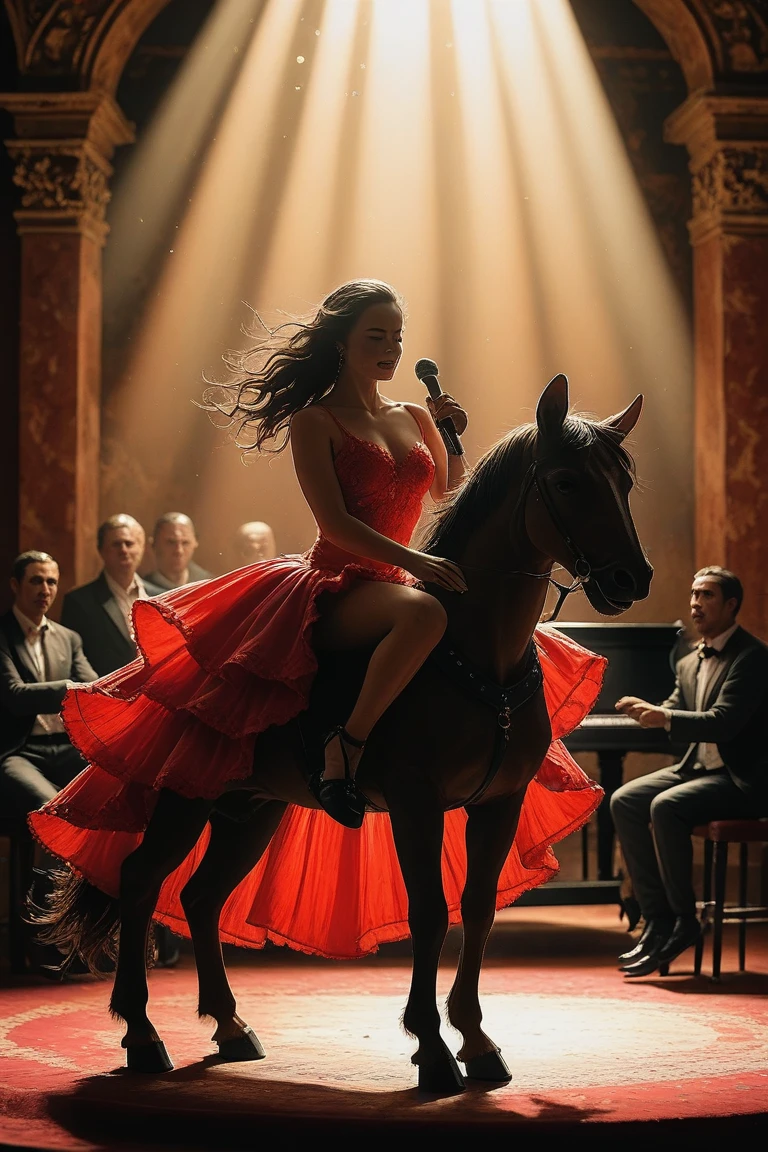 woman in a black dress riding a white horse in front of a crowd, by Wayne England, burlesque, by Harvey Pratt, by Glen Angus, studio 54, by Joe Bowler, by Robin Guthrie, by Virginia Lee Burton, by Allan Linder, by Joy Garnett, by Milton Menasco, [ greg rutkowski ], by Myra Landau, by Bob Singer