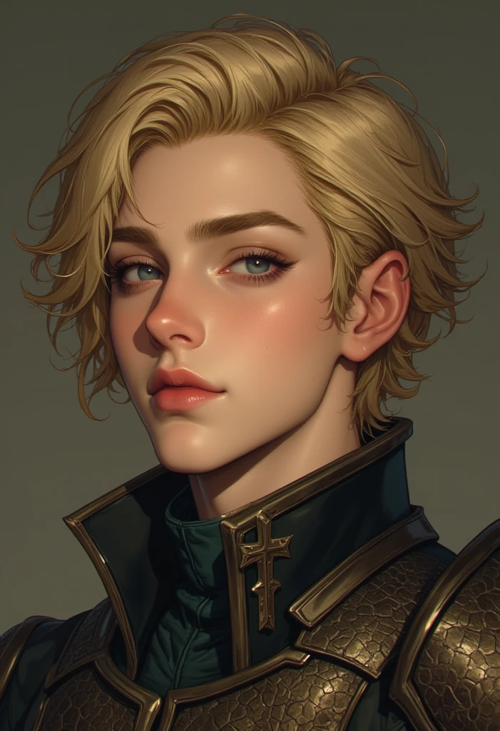 (absurdres, highres, ultra detailed, HDR), masterpiece, intricate details, best quality close-up picture of a character from fire emblem, a character with handsome looks, korean face, original blonde hair, short hair, anime green eyes, smirking face, matured teen, tim Burton theme, topless outfit showing chest, crop top, detailed underworld town setting background, big moon scenery, detailed character, art kenouji