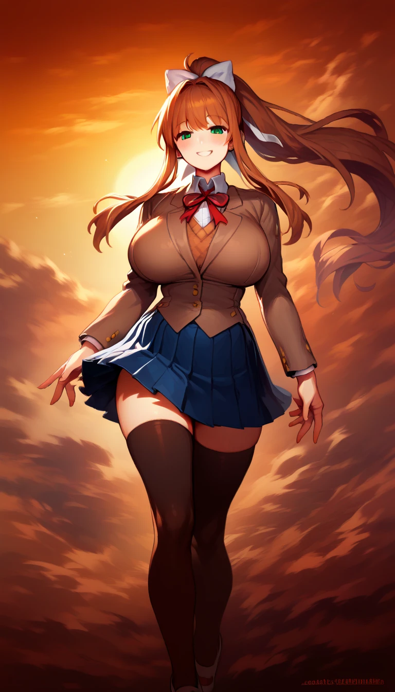 Orihime Inoue, Orihime Inoue, Long Hair, Golden Hair, (Red eyes:1.5), Take off your uniform, blazer, ribbon, ネックribbon, bow, bow tie, 赤いbow, グレーのblazer, Grey Skirt, Looking at the audience, break (Tabletop:1.2), Highest quality, High resolution, unity 8k wallpaper, (figure:0.8), (Beautiful attention to detail:1.6), Highly detailed face, Perfect lighting, Highly detailed CG, (Perfect hands, Perfect Anatomy),Laughing with your mouth open、(Skirt Lift:1.3), (Blue stripe々panties:1.3)、(Roll-up skirt:1.3)、(丸見えのpanties:1.5)、Plein Air、outside of home、(Big Breasts:1.3), (Big Tits:1.3)、(Naughty thighs:1.3)、Plein Air、blue sky, High contrast shiny oily skin,, Huge long breasts,