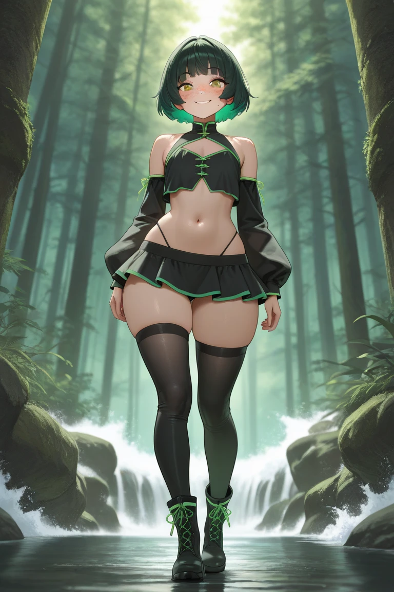 Green hair,gigantic breasts,gigantic hip,green pantyhose,no shoes,With his back to the camera,weeping,Heavy rainy days,forest