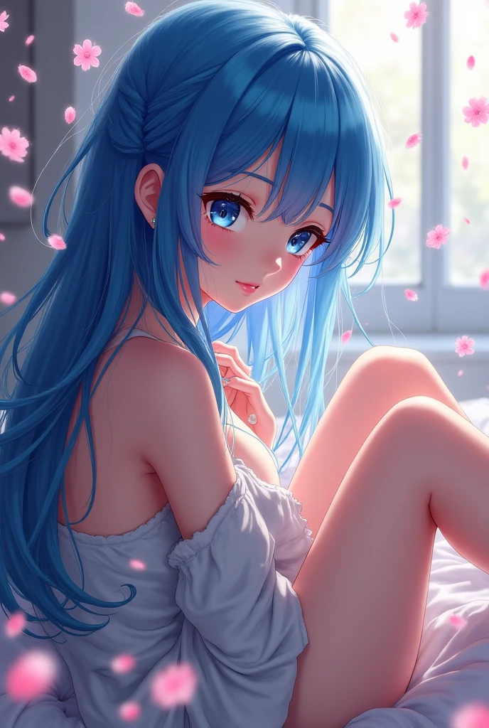 miku nakano, Nakano Miku Ticket III, long hair, bangs, blue eyes, brown hair, hair between eyes, wake up,sleepy,Slightly open big shirt,black string underwear,barefoot,smile，Bedroom，light goes out， covered with a blanket， windows，ロマンチックなmorning日,morning,extreme light,big breast(1.3)
break indoors, Bedroom, 
break (masterpiece:1.2), highest quality, High resolution, unity 8k wallpaper, (shape:0.8), (beautiful and detailed eyes:1.6), highly detailed face, perfect lighting, Very detailed CG, (perfect hands, perfect anatomy),
