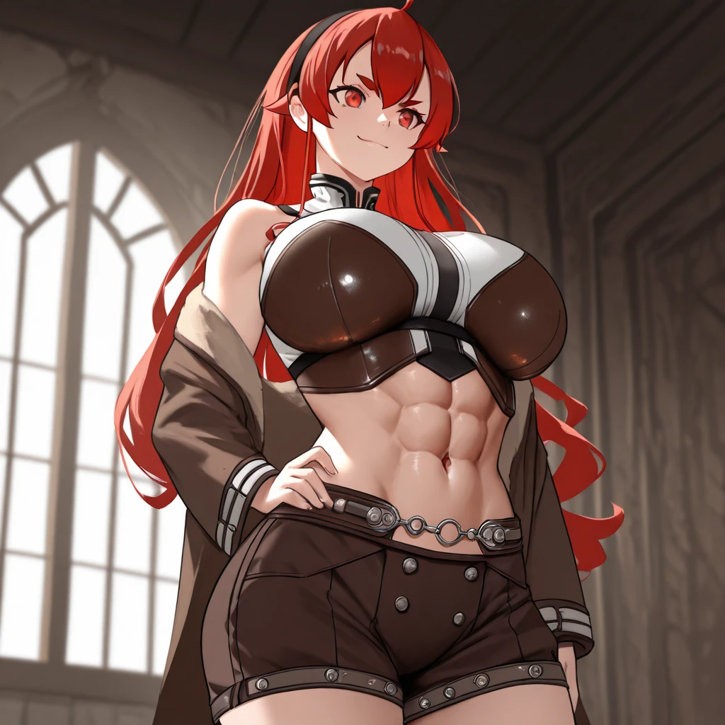 human, curvy, bikini armor, shortstack, twintails hairstyle, red hair, small girl, large breasts, big eyes, midget, long high heels boots, long gloves, full body