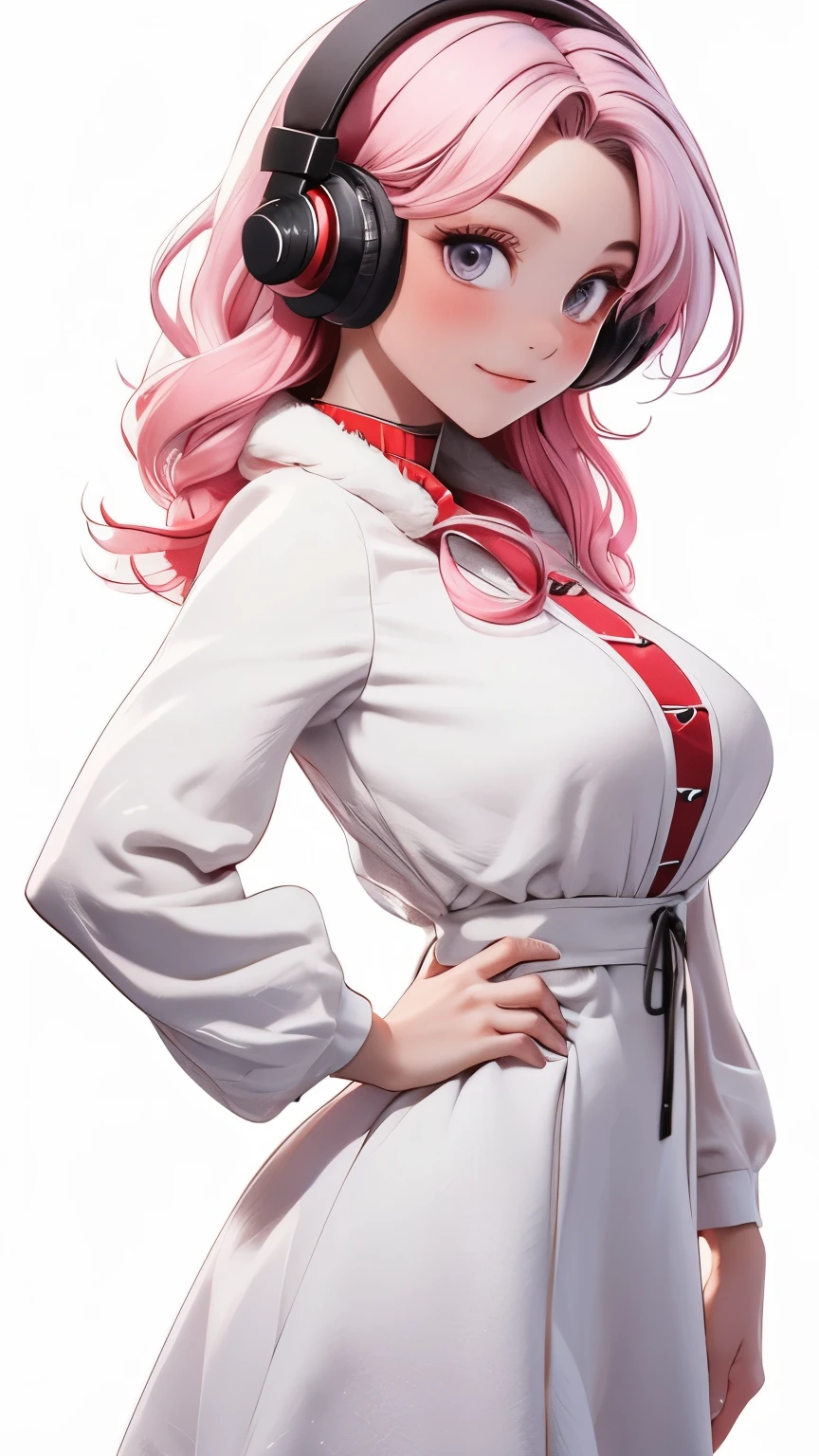 (1 girl, Alone, Masterpiece, 4k, Best Quality:1.2, (cowboy shot), Best Quality:1.2, good hands, showy, (perfect hands, perfect anatomy)),
utaop, headphones,blush, White dress, fur over one, red and white hair, multicolor fur, High average,
((medium breasts, big hips, looking at the viewer)),
((simple background, White background)),