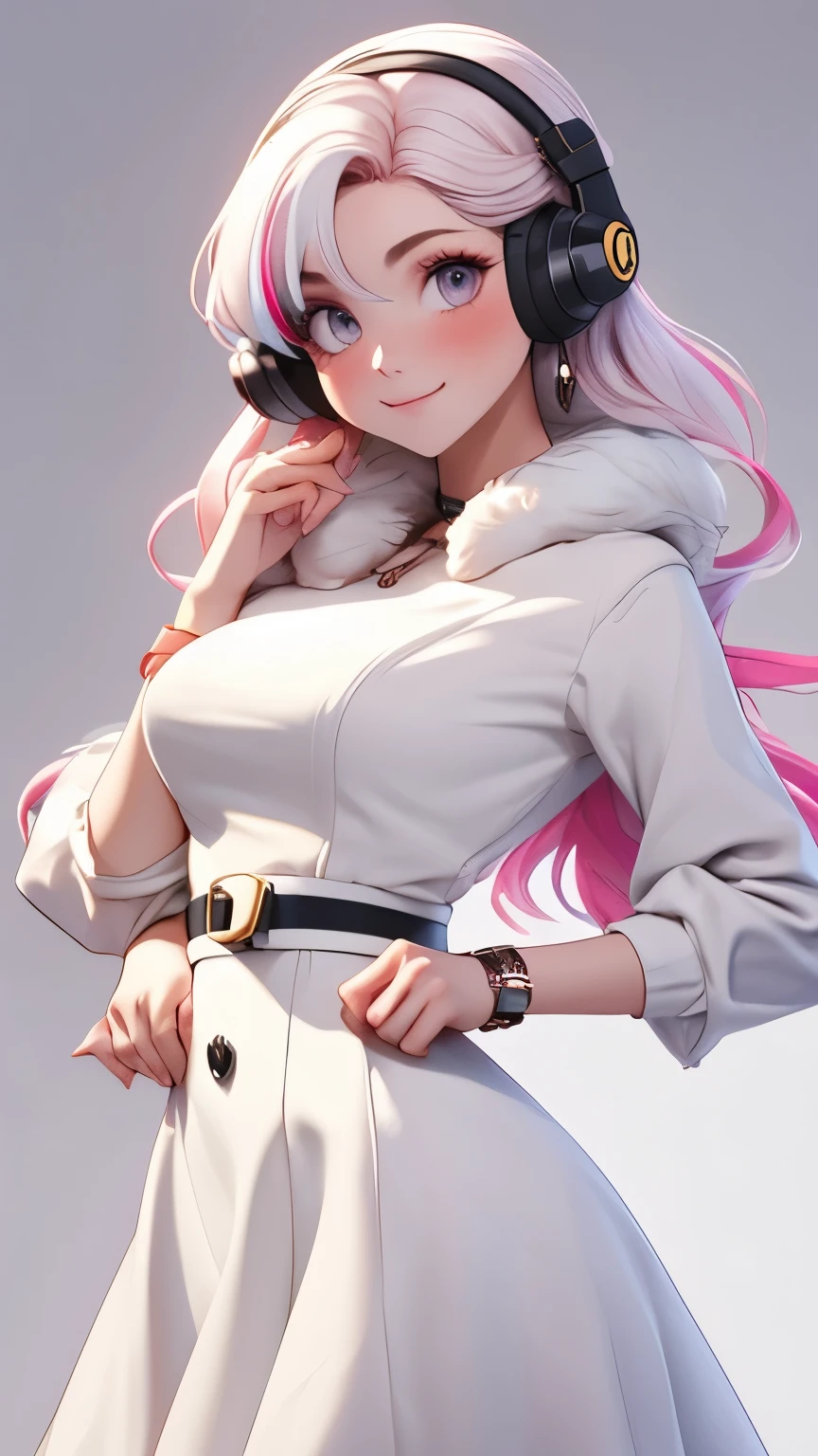 (1 girl, Alone, Masterpiece, 4k, Best Quality:1.2, (cowboy shot), Best Quality:1.2, good hands, showy, (perfect hands, perfect anatomy)),
utaop, headphones,blush, White dress, fur over one, red and white hair, multicolor fur, High average,
((medium breasts, big hips, looking at the viewer)),
((simple background, White background)),