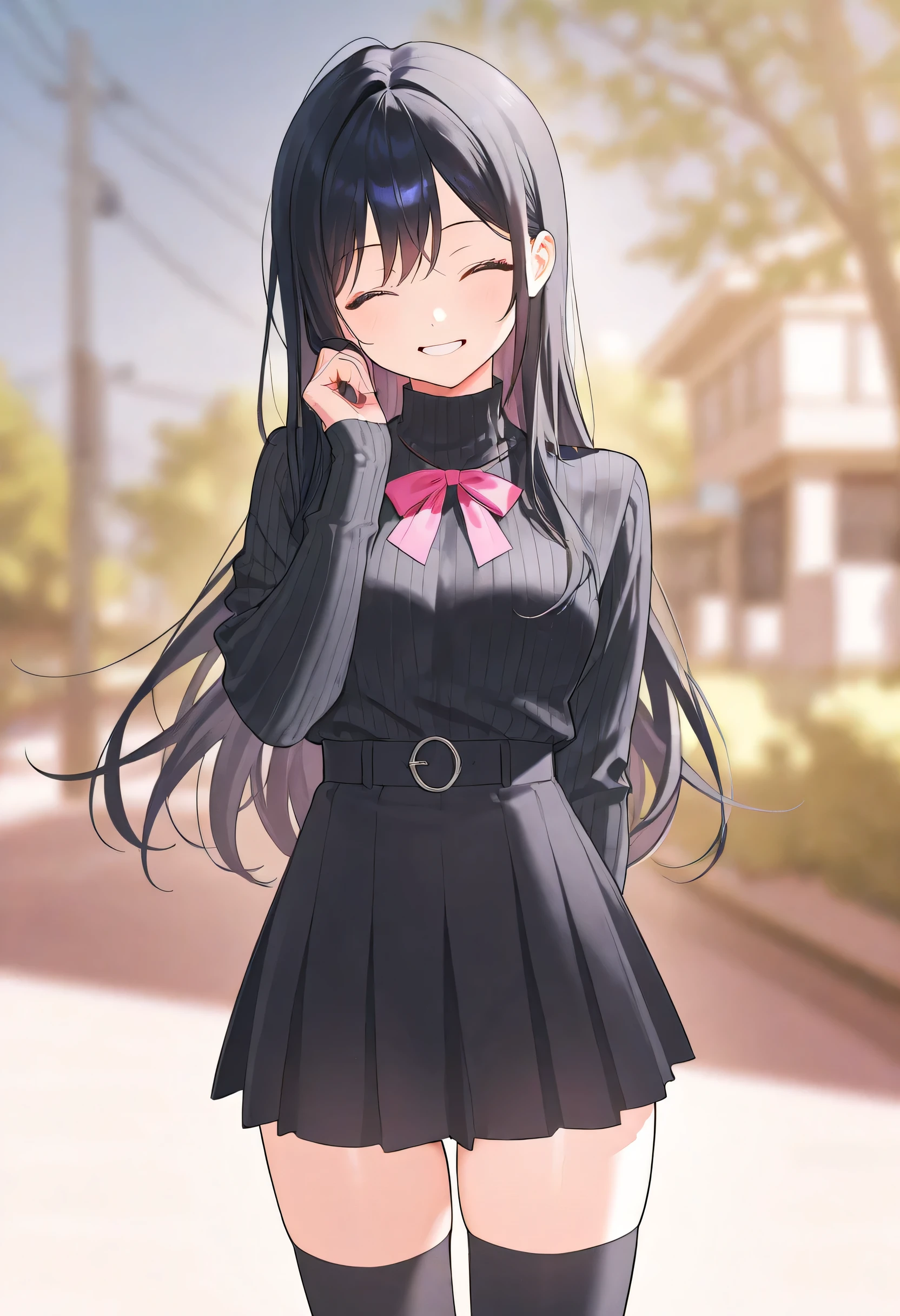 【artists on CL:Matsuo Porridge】score_core_8_up、score_7_up、source_anime、masterpiece 、 top quality 、 newest 、 Safety 、Good Quality、Super Detail、very beautiful、absurd、blurry background、depth of field、Good move、detailed hair、long black hair、beautiful woman、Detailed Faces、beautiful face、Young face、1 girl、solo、closed eyes with a smile、standing 、simple background、Similar to Nakamasa Ichika