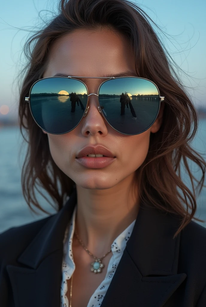 Woman with long natural black hair, (perfect skin, Hultra detailed skin, best quality), perfect face, (dark blue Men's formal T-shirt), (mirrored aviator sunglasses), Natural makeup, (traits similar to those of lana rhoades), perfect selfie, perfect skin, closeup, on the beach