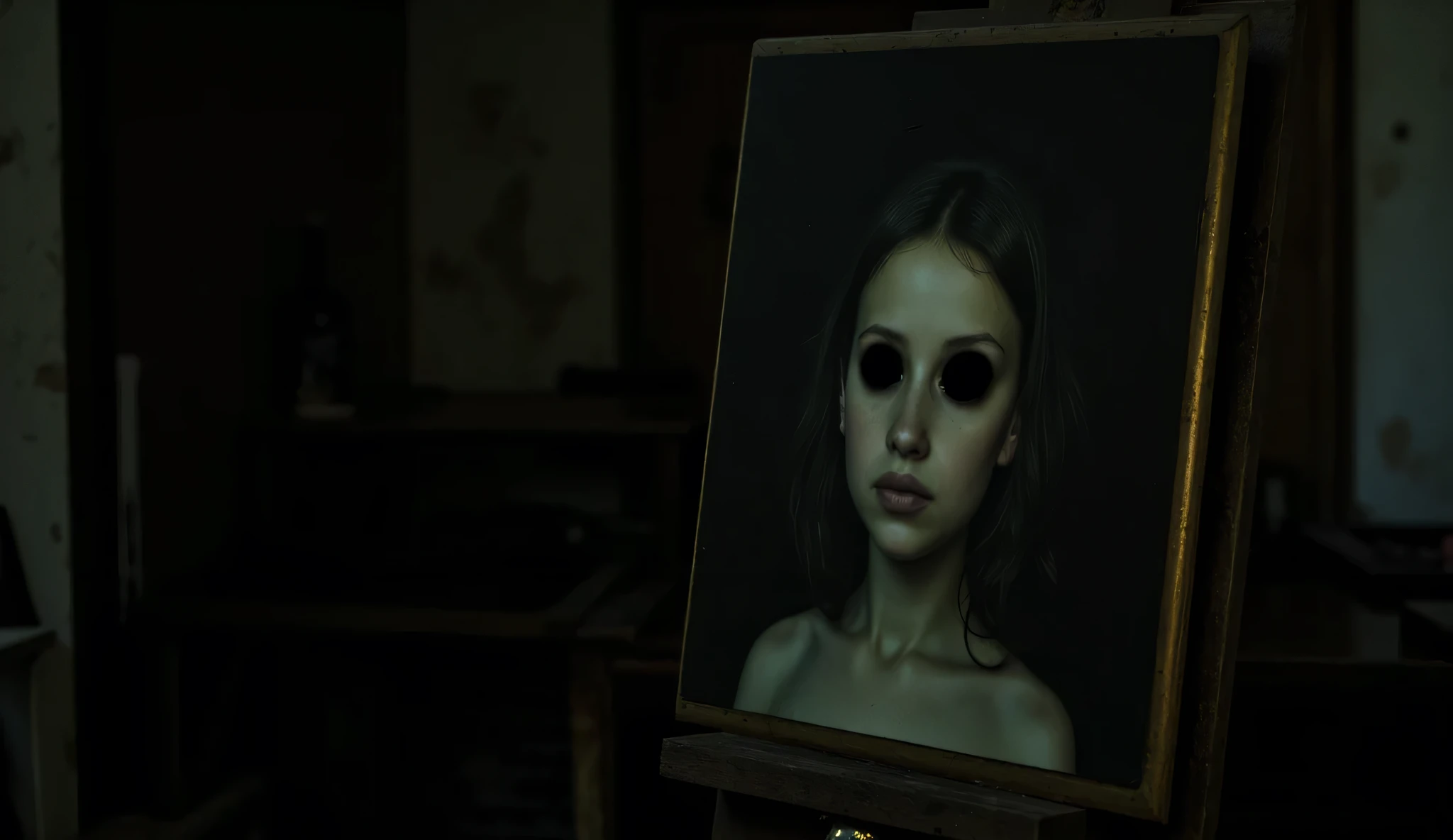 dark, shabby workshop, filled with silence. The focus is on a portrait of a girl on an old easel. The camera slowly approaches, capturing frightening details: face seems alive, , the skin is realistically drawn, but instead of eyes, two deep, black voids. These gaps look homeless, eye-catching, feeling , as if the portrait is watching, despite the absence of eyes. Light dimly snatches only her face out of the darkness, The rest of the room is drowning in darkness. The atmosphere is ominous , Tense.