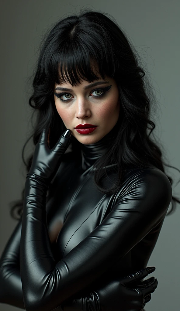 Give me a seductive Latina girl that is dressed in all leather from head to toe with a very tight and shiny leather mask that she is trying to tear off of her face but can’t because the mask is a living creature and won’t come off.