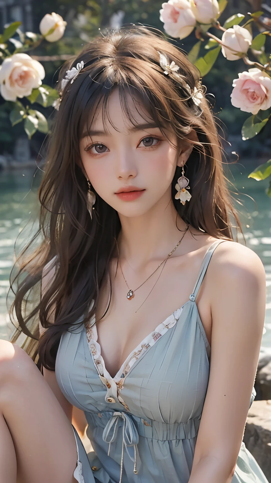 10 cute girls clothes,korean dress, ((最high quality, 8k, masterpiece: 1.3)), ((Knee shot)), sexy的亚洲女模特, , (A Seductive Smile: 0.8), Hair Accessories, necklace, Zia, Tyndall phenomenon, , Light Edge, two-tone lighting, 8K Ultra HD for information shows, SLR camera , high quality, Volume Lighting, Sneak Peek, pictures, high definition, 4K, 8k, Background blur, earrings, , High Detailed Hair , In pieces, portrait, Ultra clear face, (lakeside, Compa), Slim and beautiful, sexy, thin legs, plump breasts, Chest, (long hair casual, :1.2), skin is very delicate, Exquisite eyes, double eyelid, necklaces, earrings, light and shadow , high detail light and shadow , (flower, Peony, Rose),((fantastic background))7