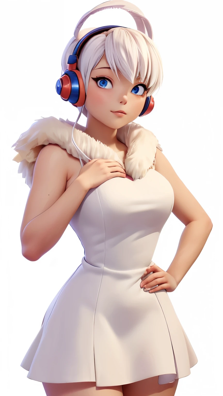 (1 girl, Alone, Masterpiece, 4k, Best Quality:1.2, (cowboy shot), Best Quality:1.2, good hands, showy, (perfect hands, perfect anatomy)),
utaop, headphones,blush, White dress, fur over one, red and white hair, multicolor fur, High average,
((medium breasts, big hips, looking at the viewer)),
((simple background, White background)),
