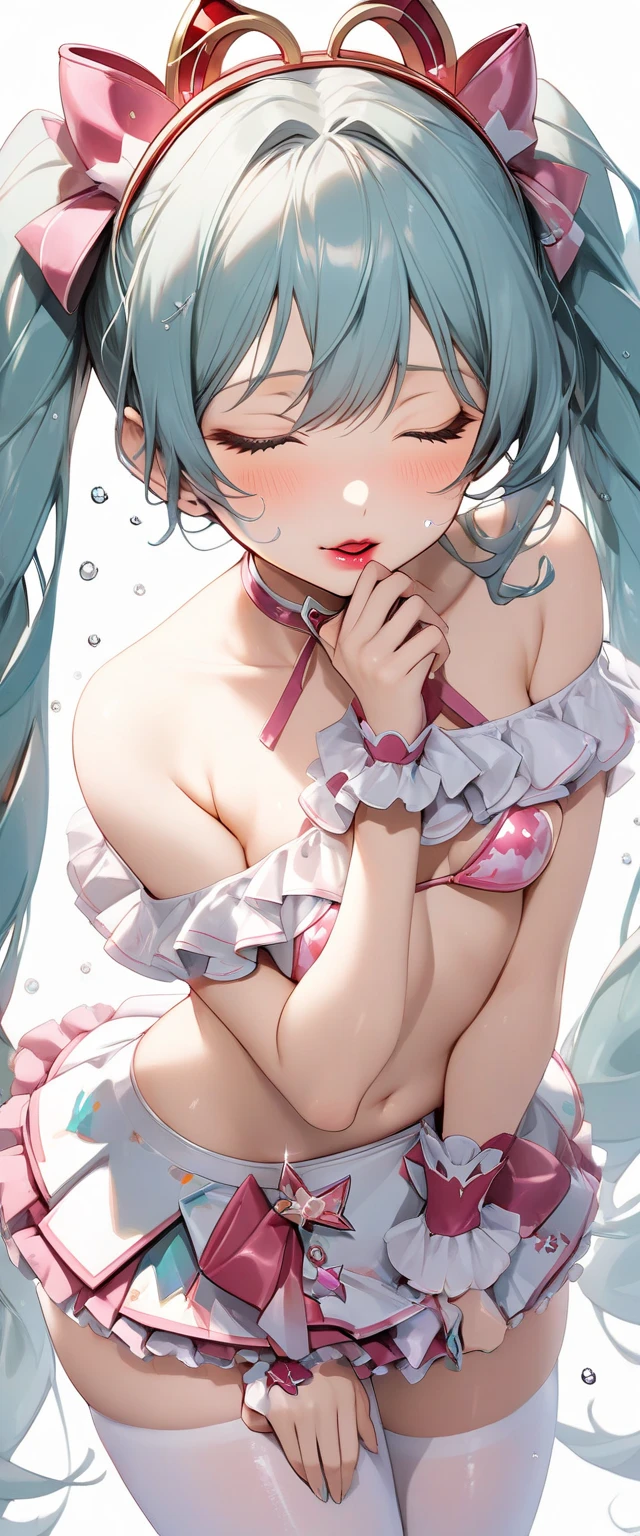idol costume、frills、ribbon、puffy short sleeves、Young Hatsune Miku,huge breasts,young girl,small 、squat with legs apart、striped panties、striped underwear,Please open the white love juice on your thighs.、Drip a large amount of love juice、blush、embarrassed look、colorful costumes、large amount of liquid leaky panties get wet、Panties are transparent