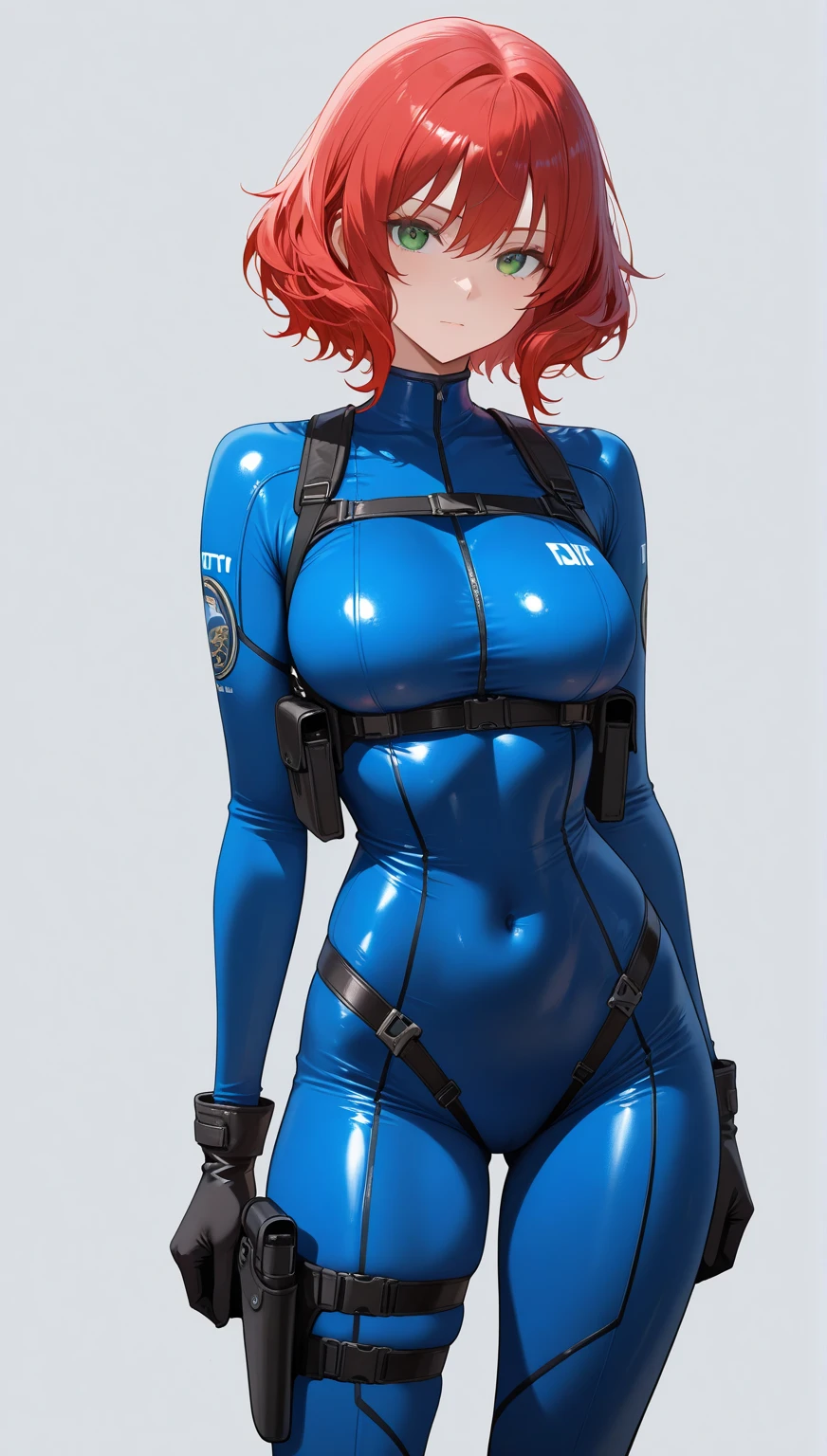 <lora:muvLuvsStyleArmors_v20:0.65> blue plugsuit, proportional eyes, (realistic:1.5), extremely detailed, hyper detailed, soft lighting, detailed background, extreme detail background, sharp details, beautiful face, symmetrical eyes, short red hair, short hair, red hair, green eyes, woman, high quality, (full body:1.3),
