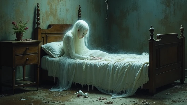 Burning lady death on the bed in hut anethor people stand overthere