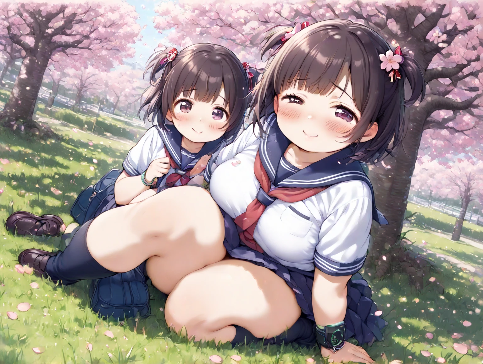 highest quality, Ultra-high resolution, (Realistic: )2D official style cel animation,((2Girls sitting in a row))Primary school students、Brown、ponytail、White Big Ribbon、Glasses、Blue Check Mini Skirt,Summer shirts,Unbutton、(Lace panties),loose socks,sneakers,Full body portrait,(From below),Station stairs,sunny,Spread your legs、from the front、blush、shut up、(((Pregnant women:1.1)))