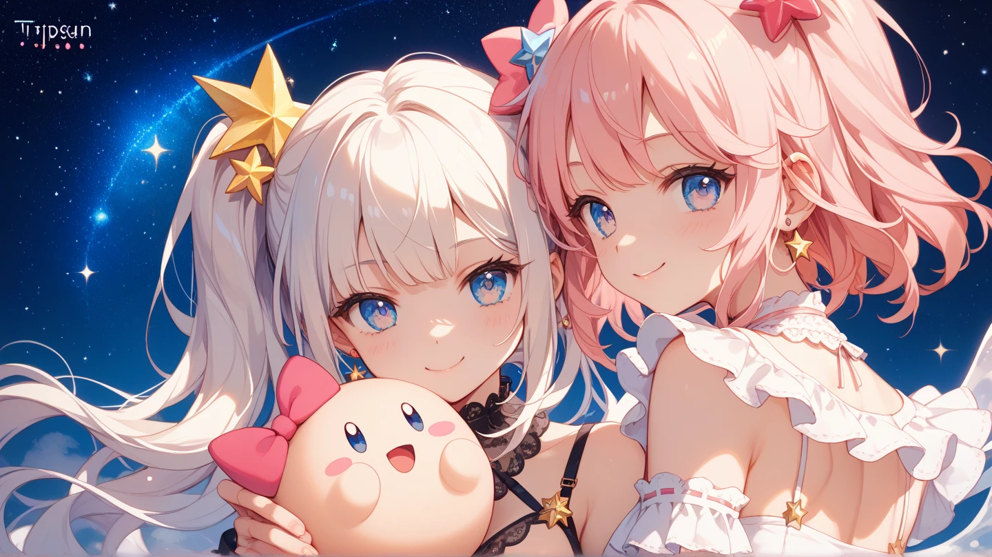 {{{masterpiece}}}, {{{highest quality}}}, NSFW:1.2、、Blue sky、temple、(two girls、look at each other, Angel:1.5、halo、blonde、Simple cotton pastel pink underwear、, particles of light、fantasy)high contract、best lighting、most detailed、cinematic angle、