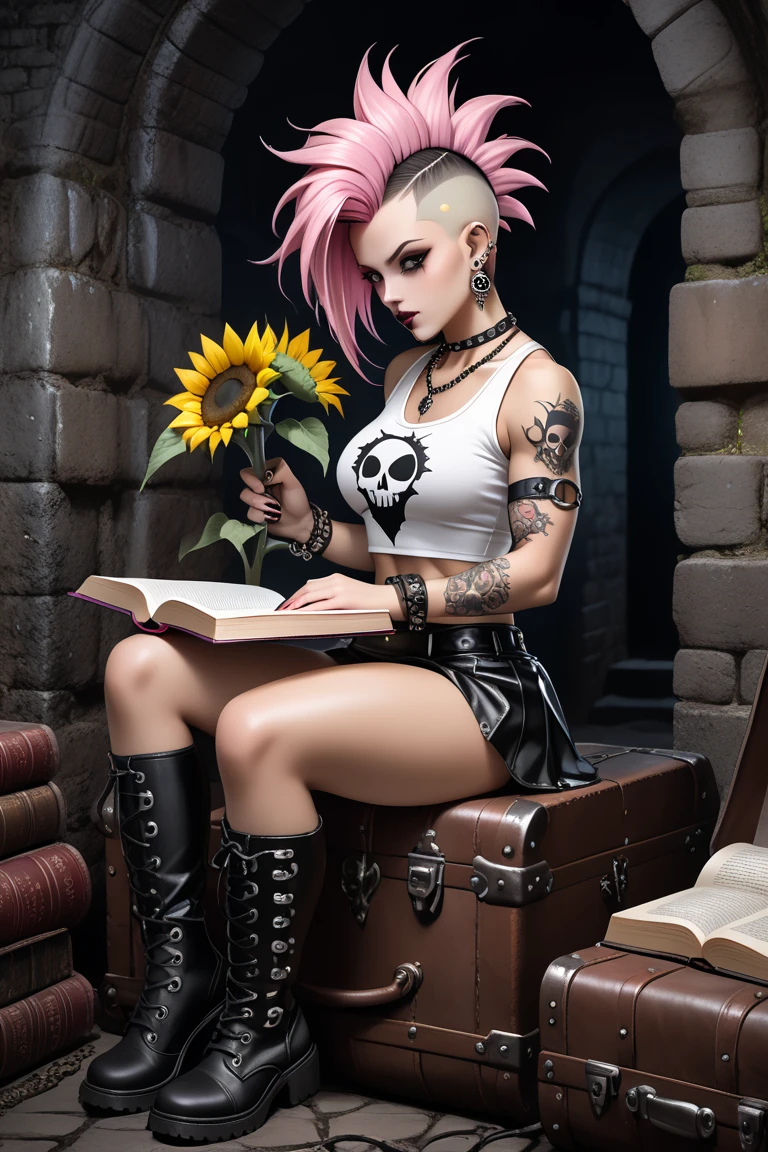 Beautiful sexy woman, bodybuilder, nice breasts, round ass, hot, shoulder length hair, light pink, punk mohawk, shaved on the side, white crop top, black mini skirt with sunflower prints, gothic necklace, gothic bracelets, gothic earrings, skull rings, in the basement of the old castle, sitting on an old worn leather trunk, reading a horror book