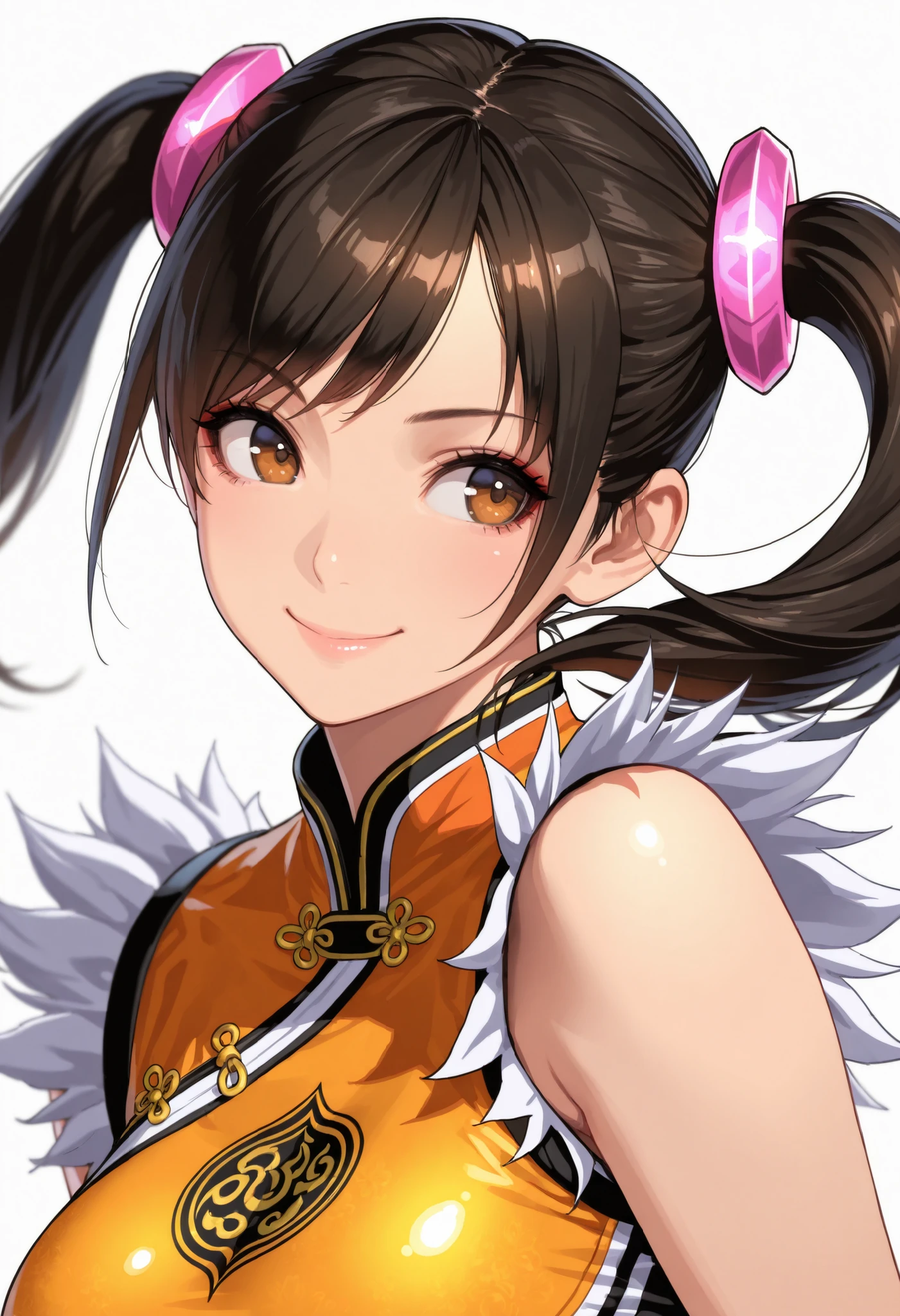 masterpiece,best quality,ultra detailed,8K,super fine illustration,highly detailed beautiful face and eyes,perfect anatomy,professional lighting,1girl,ling xiaoyu,tekken,tekken 7,safe,solo,looking to the side,smile,solo,white background,depth of field,