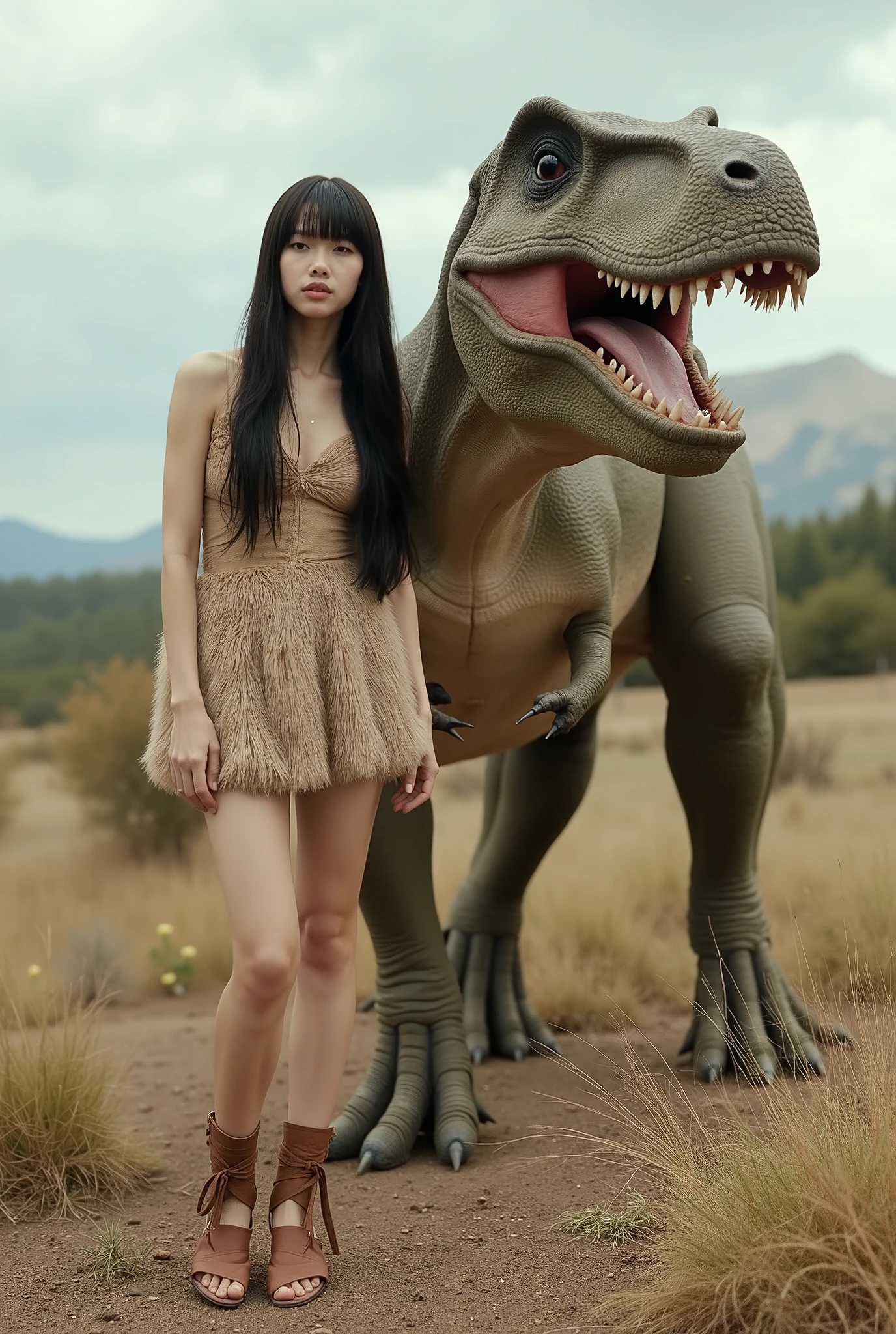 Create a portrait of a stunning Japanese female singer, featuring a slender physique with small breasts and thin legs. She has long hair with bangs and is wearing a primitive fur mini dress. The scene captures her standing beside a Tyrannosaurus Rex for a commemorative shot, set against a backdrop of a Cretaceous plain. Use a dynamic angle to enhance the composition.