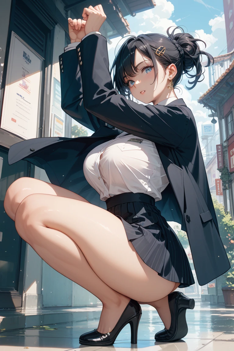 (high quality, 8k, 4K, high contrast, artwork:1.2, high quality, best aesthetics), (dynamic angle), ((1 woman)), erotic, sensual, mature body, super detailed, beautiful face detailed, beautiful eyes detailed, detailed beautiful mouth, sexy body, perfect breats, perfect wide thighs, (caucasian skin), (long black hair), (black eyes), (gothic makeup), (black lipstick), (black eyeshadow), (black eyeliner), (sexy facial expression), (wearing a white dress shirt with black tie and a short black cheerleader skirt), (standing), (centered), (looking at viewer)