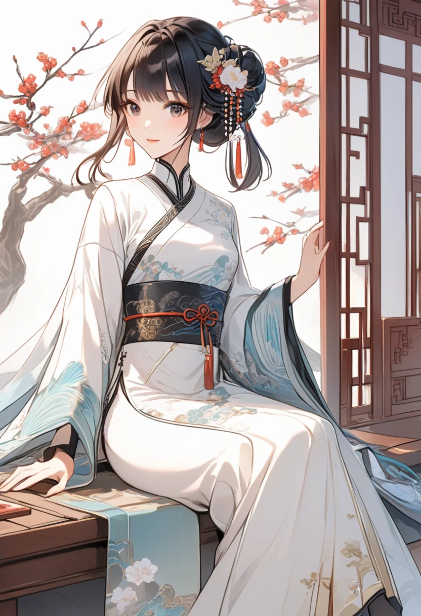 (Wearing a white dress + a girl in Hanfu + white Hanfu + wearing traditional Chinese clothing: 1.1+ inspired by Tang Yin + inspired by Qiu Ying + ethereal beauty + ancient Chinese princess + flowing magic robe + cute lazy princess + wearing a luxurious silk cloak), (Aravi woman sitting on the ground + palace), (ethereal), (Chinese style)