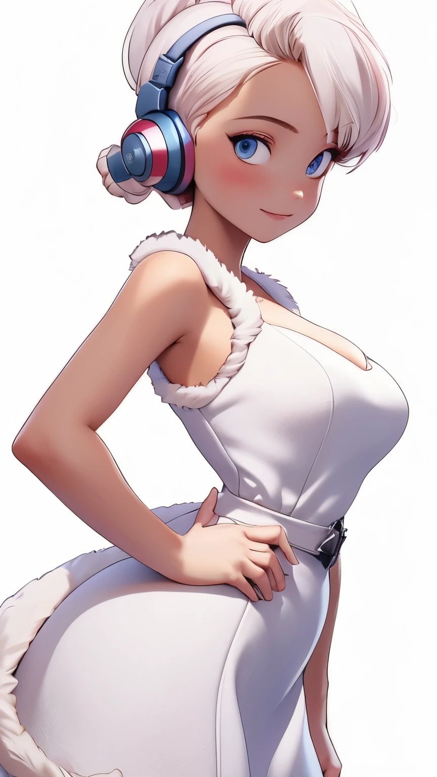 (1 girl, Alone, Masterpiece, 4k, Best Quality:1.2, (cowboy shot), Best Quality:1.2, good hands, showy, (perfect hands, perfect anatomy)),
utaop, headphones,blush, White dress, fur over one, red and white hair, multicolor fur, High average,
((medium breasts, big hips, looking at the viewer)),
((simple background, White background)),